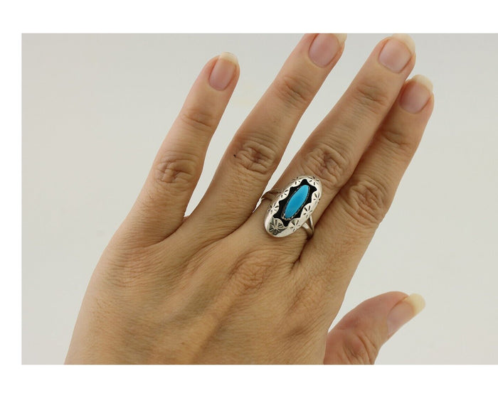 Navajo Ring 925 Silver Natural Blue Turquoise Signed IJC C.80's