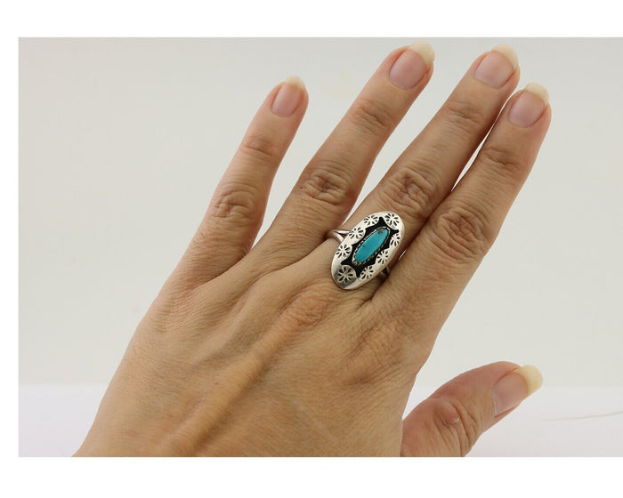 Navajo Ring 925 Silver Natural Blue Turquoise Signed IJC C.80's