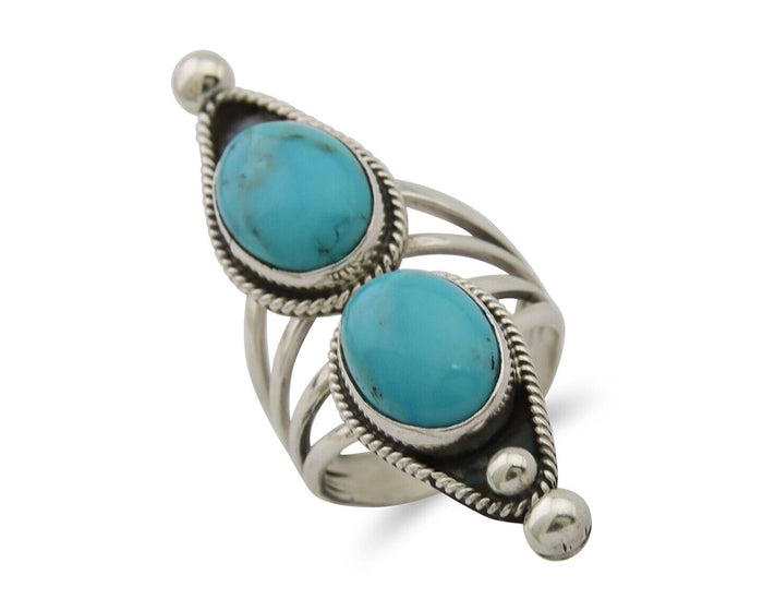 Navajo Ring 925 Silver Natural Blue Turquoise Signed Running Bear C.80's