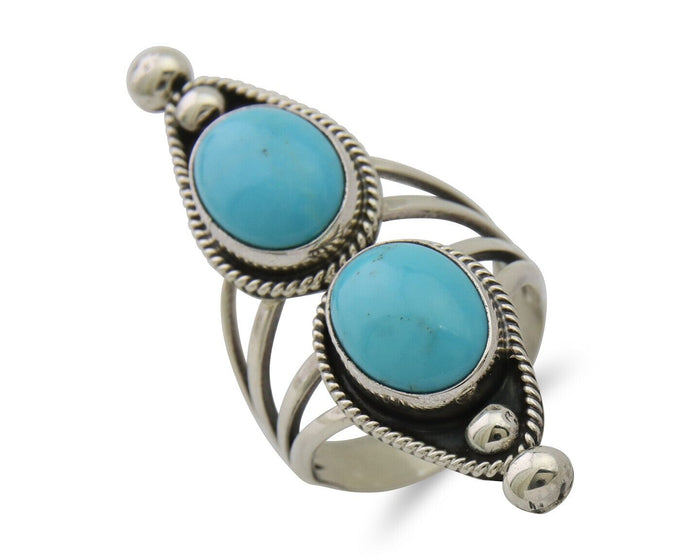 Navajo Ring 925 Silver Natural Blue Turquoise Signed Running Bear C.80's