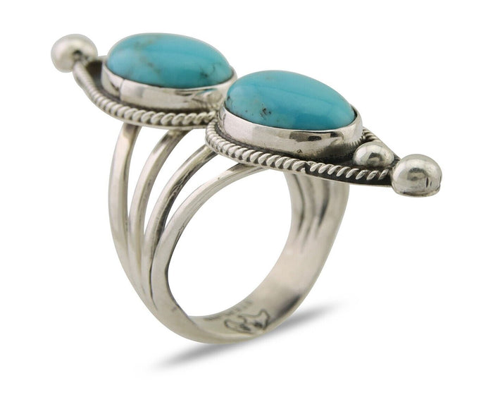 Navajo Ring 925 Silver Natural Blue Turquoise Signed Running Bear C.80's