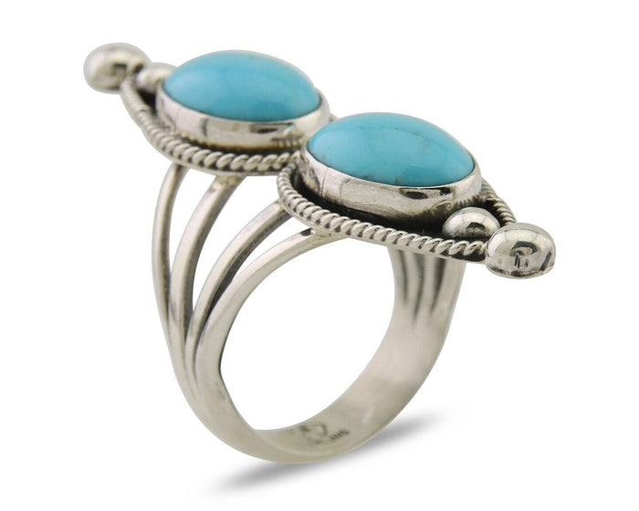 Navajo Ring 925 Silver Natural Blue Turquoise Signed Running Bear C.80's