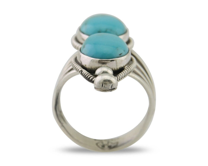 Navajo Ring 925 Silver Natural Blue Turquoise Signed Running Bear C.80's