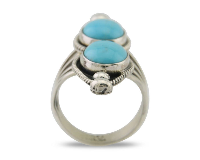 Navajo Ring 925 Silver Natural Blue Turquoise Signed Running Bear C.80's