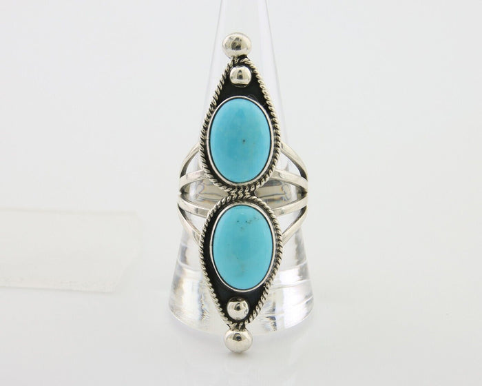 Navajo Ring 925 Silver Natural Blue Turquoise Signed Running Bear C.80's