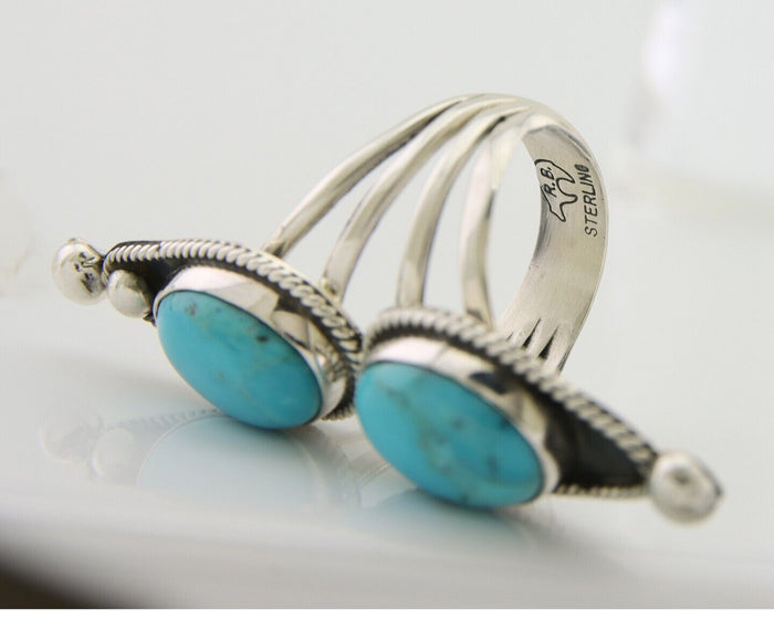 Navajo Ring 925 Silver Natural Blue Turquoise Signed Running Bear C.80's
