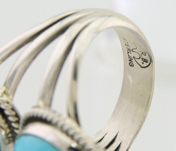 Navajo Ring 925 Silver Natural Blue Turquoise Signed Running Bear C.80's