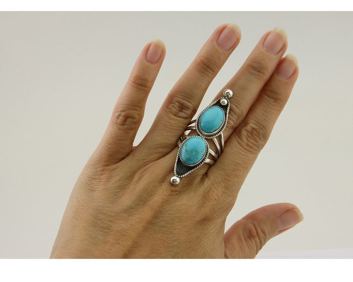 Navajo Ring 925 Silver Natural Blue Turquoise Signed Running Bear C.80's