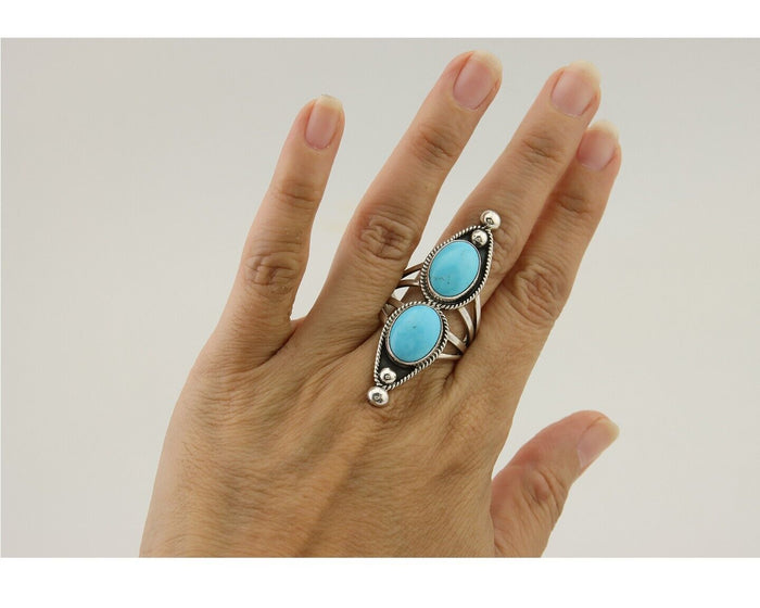 Navajo Ring 925 Silver Natural Blue Turquoise Signed Running Bear C.80's