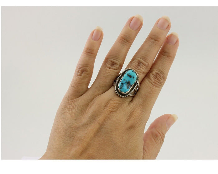Navajo Ring 925 Silver Natural Blue Turquoise Signed Tony Guerro C.80's