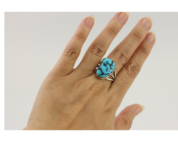 Navajo Ring 925 Silver Natural Blue Turquoise Signed Tony Guerro C.80's