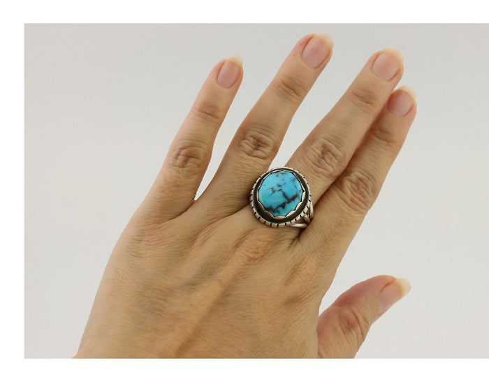 Navajo Ring 925 Silver Natural Blue Turquoise Signed Tony Guerro C.80's