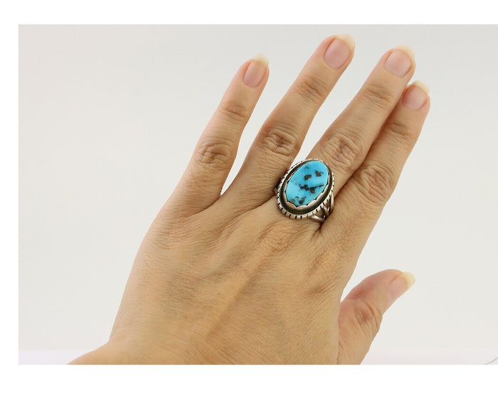 Navajo Ring 925 Silver Natural Blue Turquoise Signed Tony Guerro C.80's