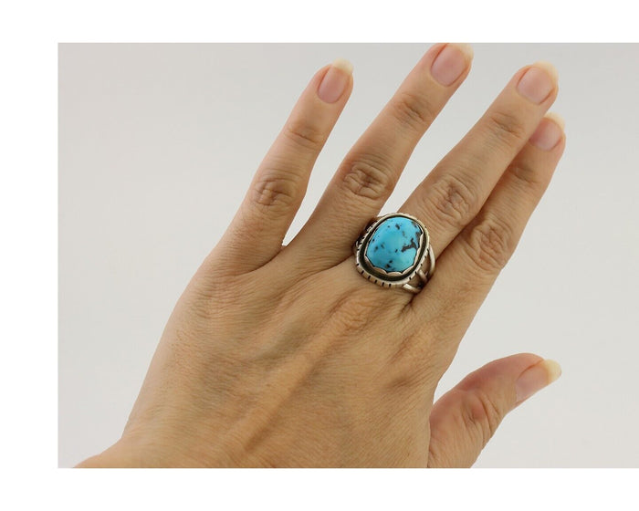 Navajo Ring 925 Silver Natural Blue Turquoise Signed Tony Guerro C.80's