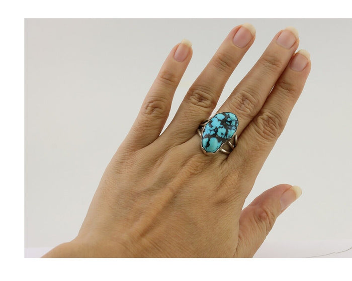 Navajo Ring 925 Silver Natural Blue Turquoise Signed Tony Guerro C.80's