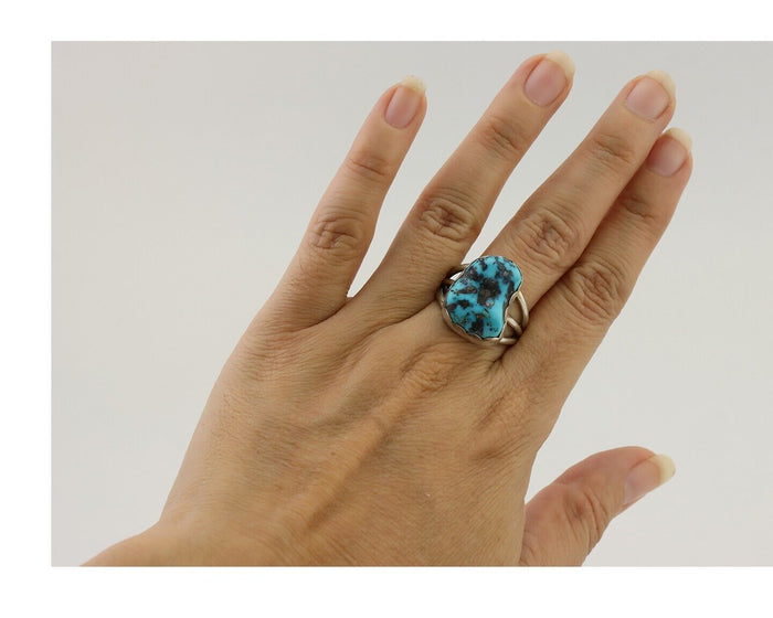 Navajo Ring 925 Silver Natural Blue Turquoise Signed Tony Guerro C.80's