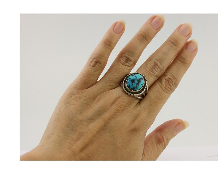 Navajo Ring 925 Silver Natural Blue Turquoise Signed Tony Guerro C.80's