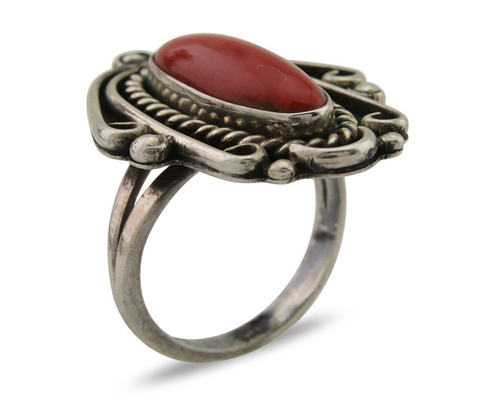 Navajo Ring 925 Silver Natural Coral Handmade Native Artist Size 5.75
