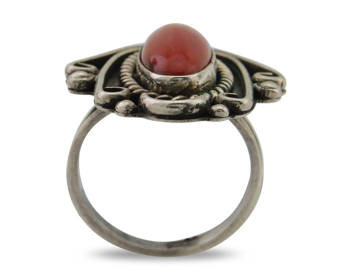 Navajo Ring 925 Silver Natural Coral Handmade Native Artist Size 5.75