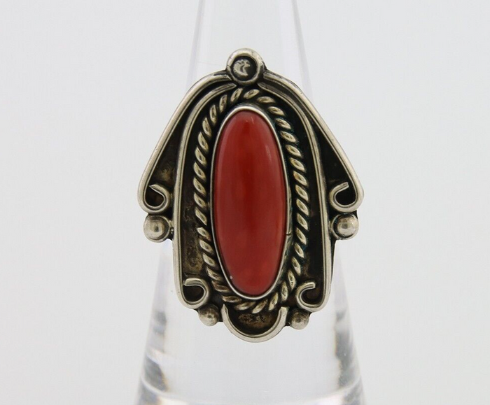 Navajo Ring 925 Silver Natural Coral Handmade Native Artist Size 5.75