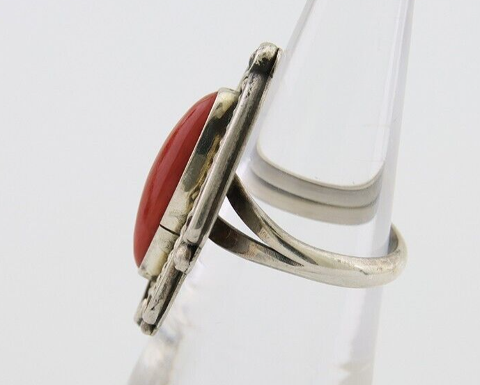 Navajo Ring 925 Silver Natural Coral Handmade Native Artist Size 5.75
