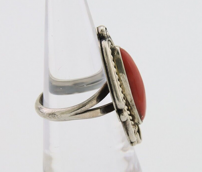 Navajo Ring 925 Silver Natural Coral Handmade Native Artist Size 5.75