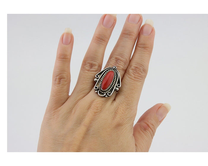 Navajo Ring 925 Silver Natural Coral Handmade Native Artist Size 5.75