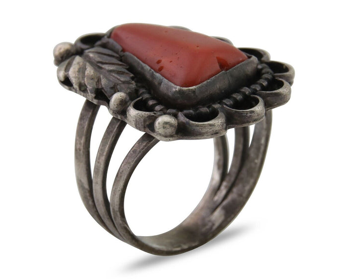Navajo Ring 925 Silver Natural Coral Signed Jane Yikaazba Popovitch