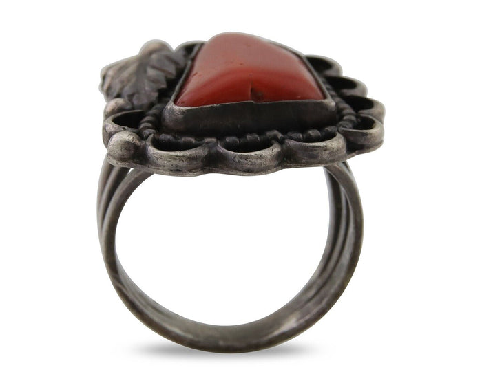 Navajo Ring 925 Silver Natural Coral Signed Jane Yikaazba Popovitch
