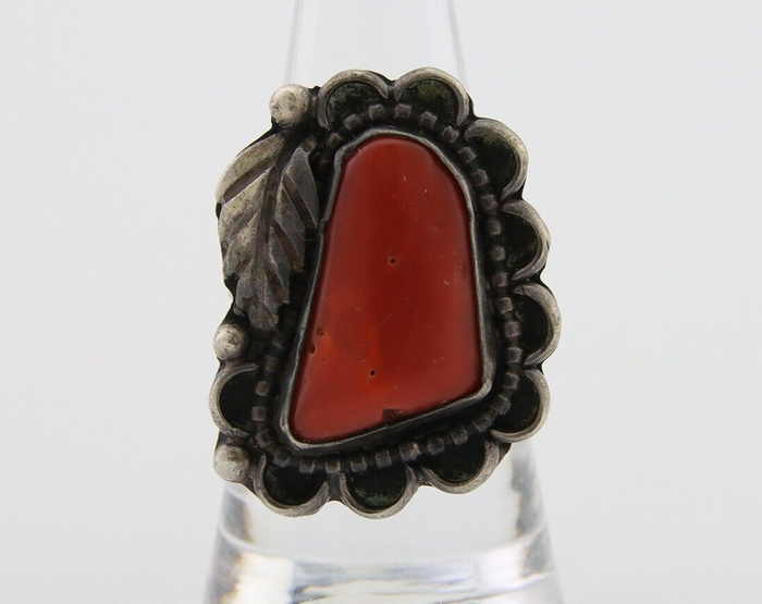 Navajo Ring 925 Silver Natural Coral Signed Jane Yikaazba Popovitch