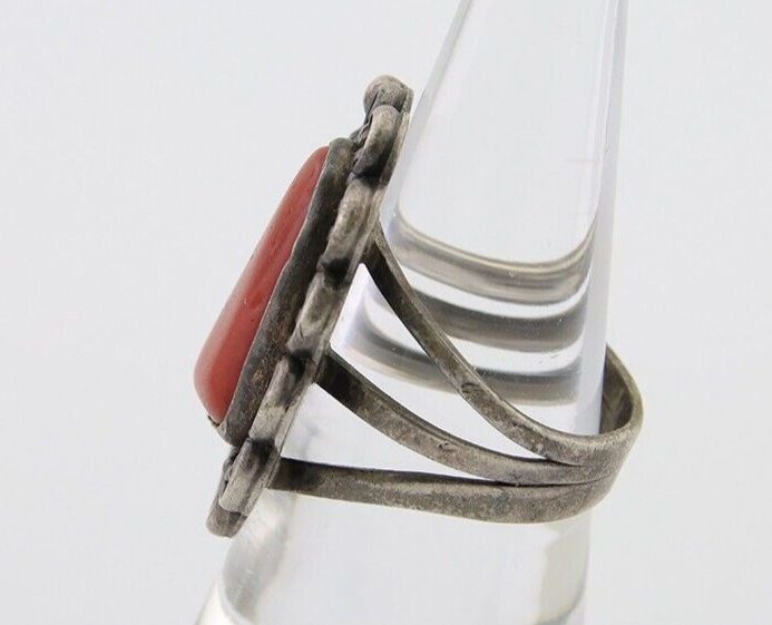 Navajo Ring 925 Silver Natural Coral Signed Jane Yikaazba Popovitch