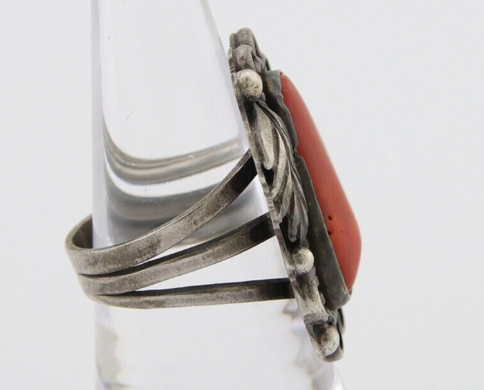 Navajo Ring 925 Silver Natural Coral Signed Jane Yikaazba Popovitch