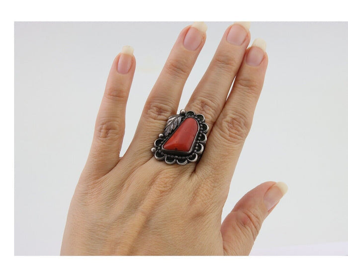 Navajo Ring 925 Silver Natural Coral Signed Jane Yikaazba Popovitch