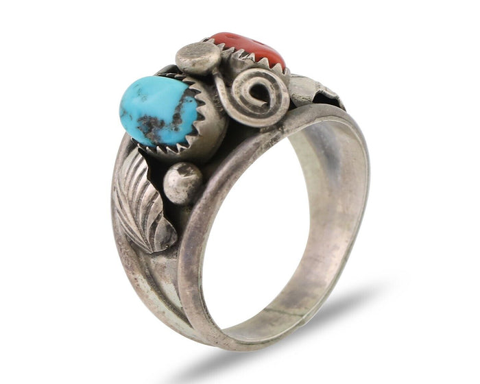 Navajo Ring 925 Silver Natural Coral Turquoise Natural American Artist C.80's