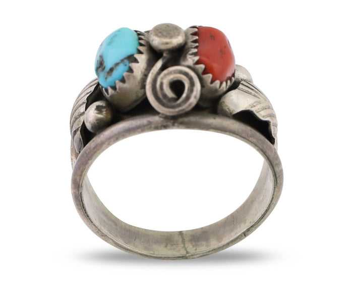 Navajo Ring 925 Silver Natural Coral Turquoise Natural American Artist C.80's