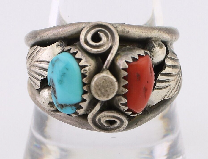 Navajo Ring 925 Silver Natural Coral Turquoise Natural American Artist C.80's