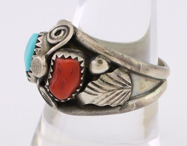 Navajo Ring 925 Silver Natural Coral Turquoise Natural American Artist C.80's