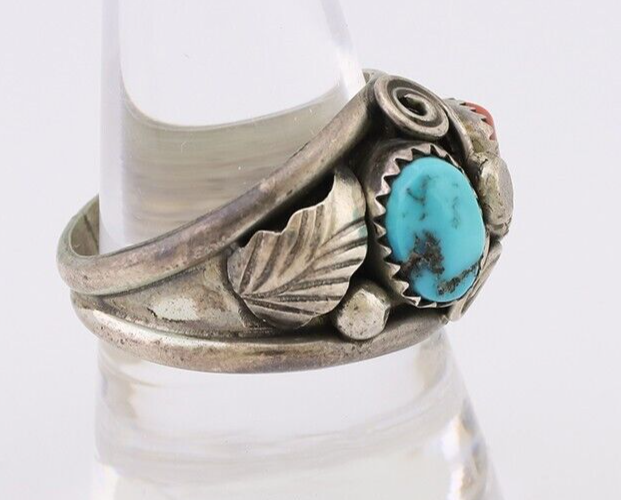 Navajo Ring 925 Silver Natural Coral Turquoise Natural American Artist C.80's