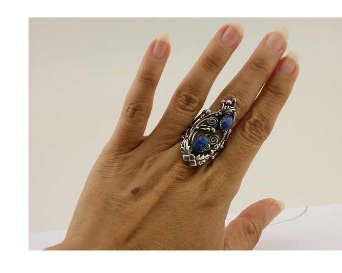 Navajo Ring 925 Silver Natural Denim Lapis Artist Signed Prairie Fire C.80's
