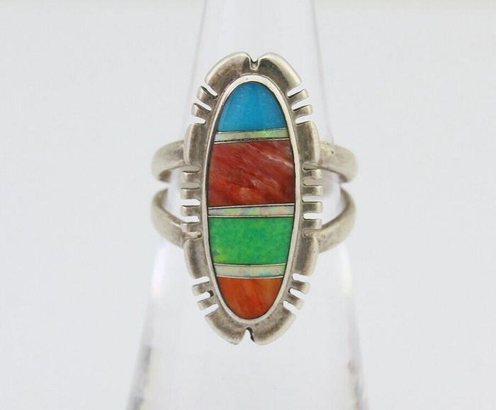 Navajo Ring 925 Silver Natural Gemstone Artist Signed Feather C.80's Size 5.75