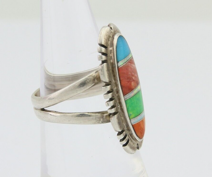 Navajo Ring 925 Silver Natural Gemstone Artist Signed Feather C.80's Size 5.75