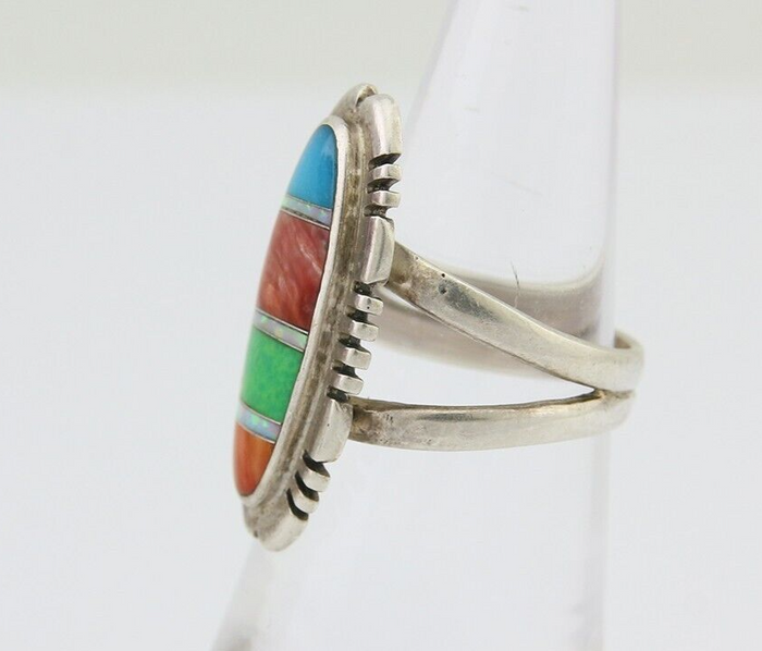 Navajo Ring 925 Silver Natural Gemstone Artist Signed Feather C.80's Size 5.75