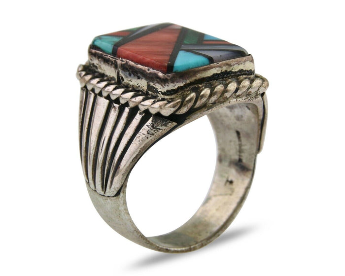 Navajo Ring 925 Silver Natural Gemstones Signed C Montoya Size 10.5