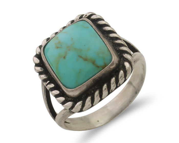 Navajo Ring 925 Silver Natural Green Turquoise Artist Signed Apache Mfg C.80's