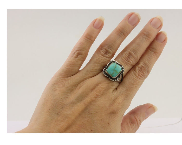 Navajo Ring 925 Silver Natural Green Turquoise Artist Signed Apache Mfg C.80's