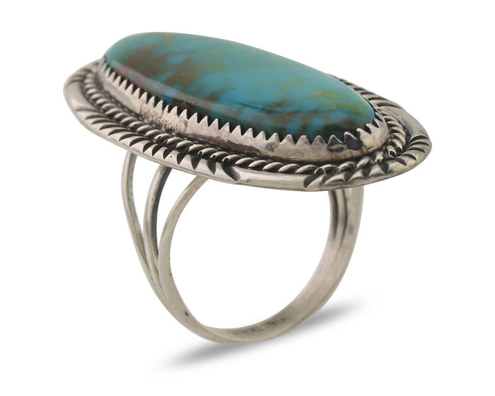 Navajo Ring 925 Silver Natural Green Turquoise Artist Signed W Denetdale C.80's
