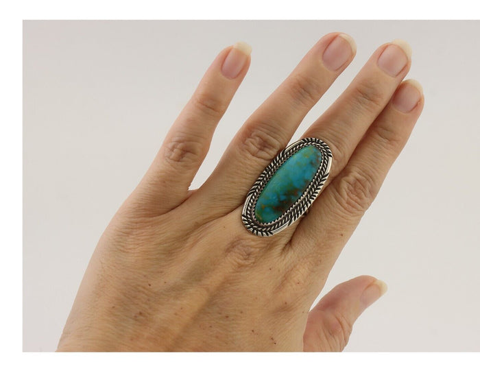 Navajo Ring 925 Silver Natural Green Turquoise Artist Signed W Denetdale C.80's