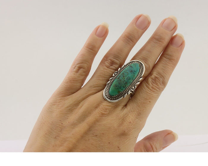 Navajo Ring 925 Silver Natural Green Turquoise Native American Artist C.80's