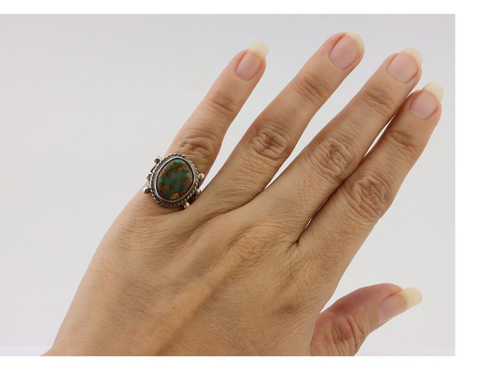 Navajo Ring 925 Silver Natural Green Turquoise Native American Artist C.80's