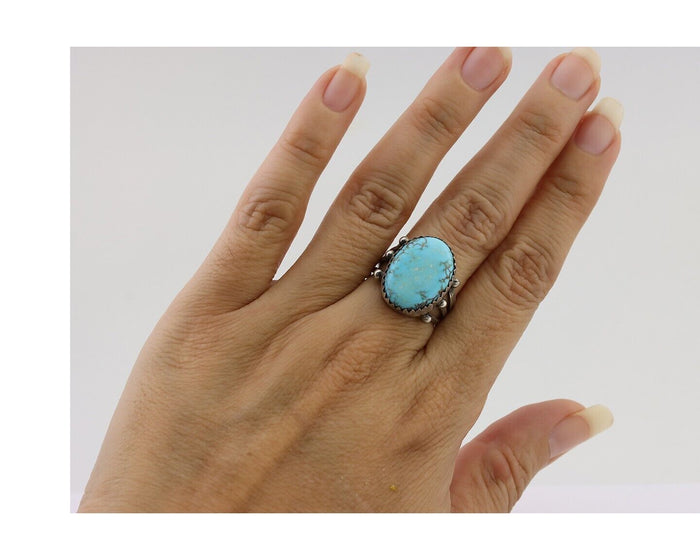 Navajo Ring 925 Silver Natural Kingman Turquoise Native American Artist C.80's